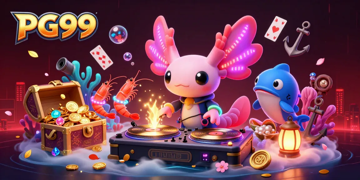 Spin winning reels at PG99 with a vibrant underwater casino party featuring a neon DJ and lively sea creatures.