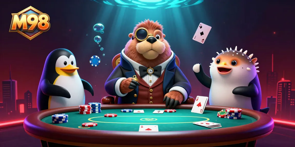 M98 entertains with a poker showdown featuring an animated walrus and characters in vibrant underwater gleam.